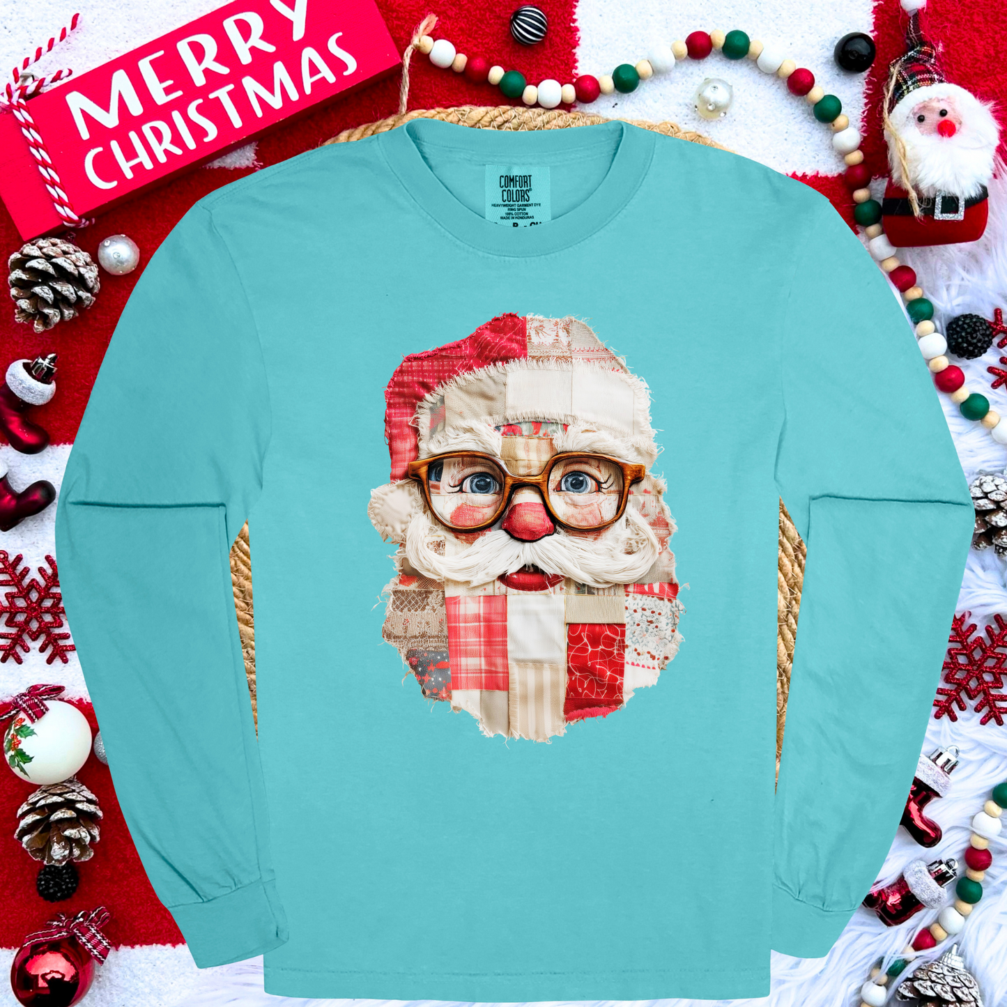PATCHWORK SANTA--COMFORT COLORS LONG SLEEVE--PRE ORDER