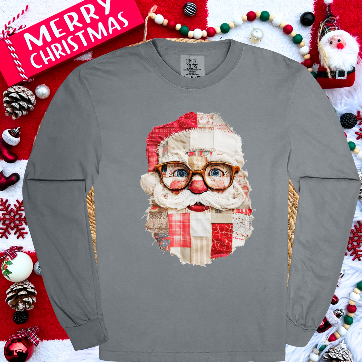 PATCHWORK SANTA--COMFORT COLORS LONG SLEEVE--PRE ORDER