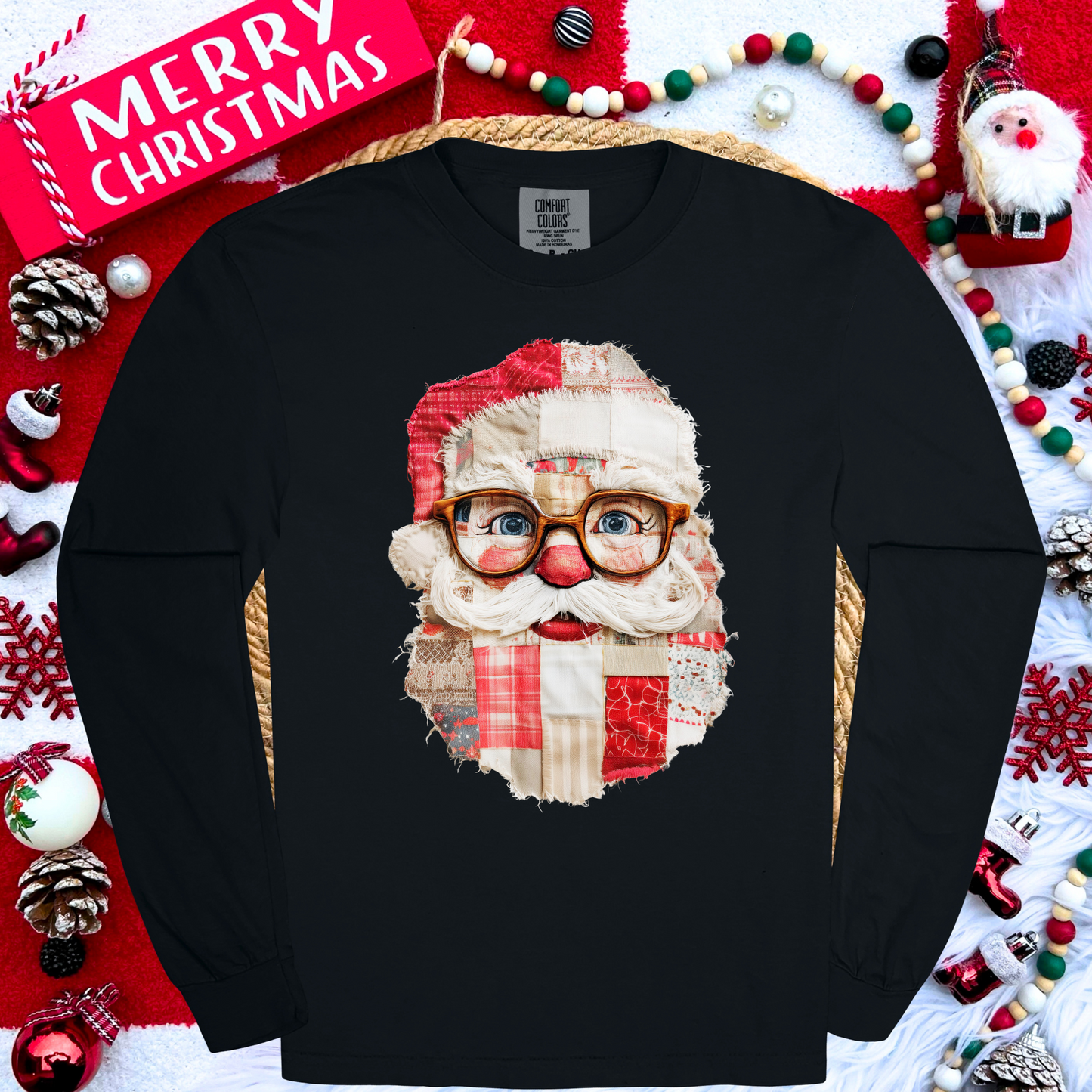PATCHWORK SANTA--COMFORT COLORS LONG SLEEVE--PRE ORDER