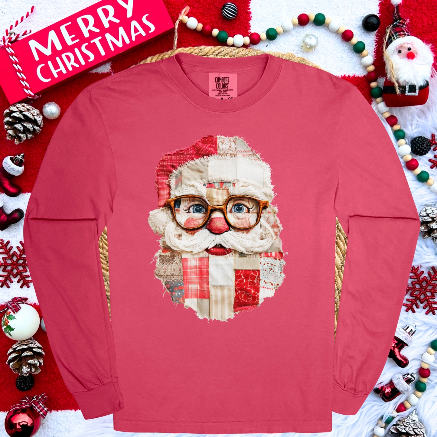 PATCHWORK SANTA--COMFORT COLORS LONG SLEEVE--PRE ORDER