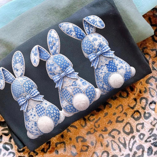 Blue Toile Bunny Trio